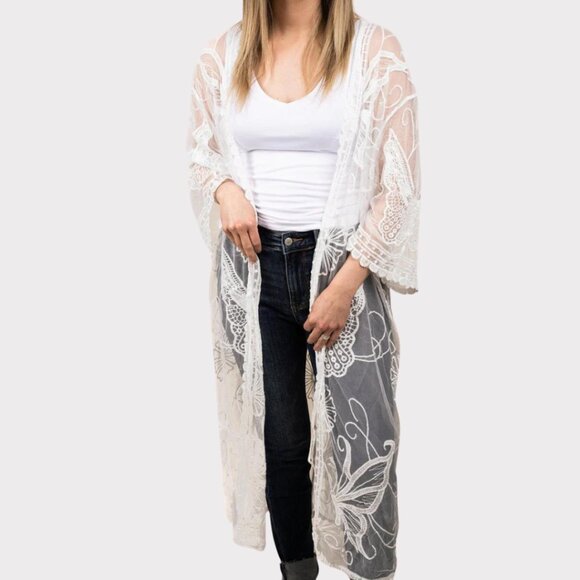 LIB Ivory Lace Duster Kimono Butterfly Embroidered One Size NWT - Picture 2 of 4
